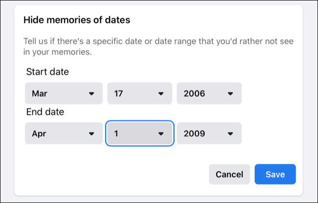 Ocultar intervalos de datas nas memórias do Facebook