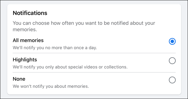 Alternar notificações de memórias do Facebook