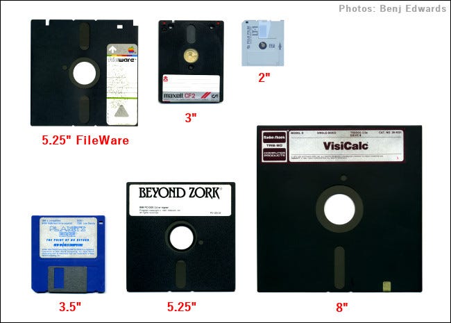 Seis tipos diferentes de disquetes.