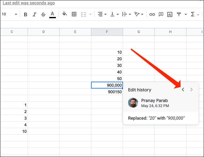 Clique na seta para a esquerda para ver as alterações anteriores em uma célula no Planilhas Google