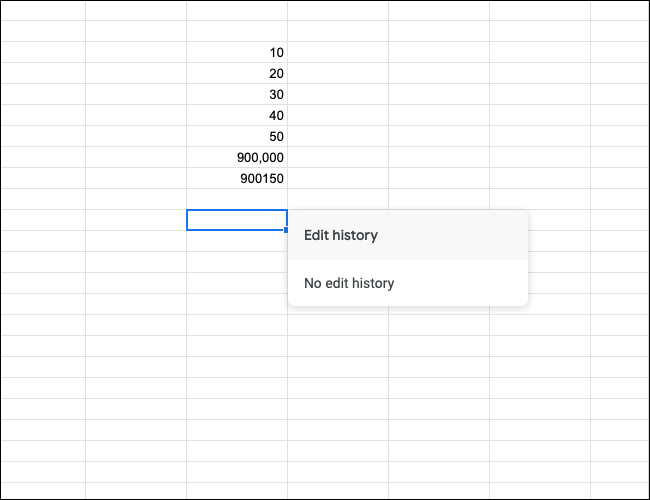 Se você não fez alterações em uma célula do Planilhas Google, verá um pop-up com a mensagem "Sem histórico de edições"