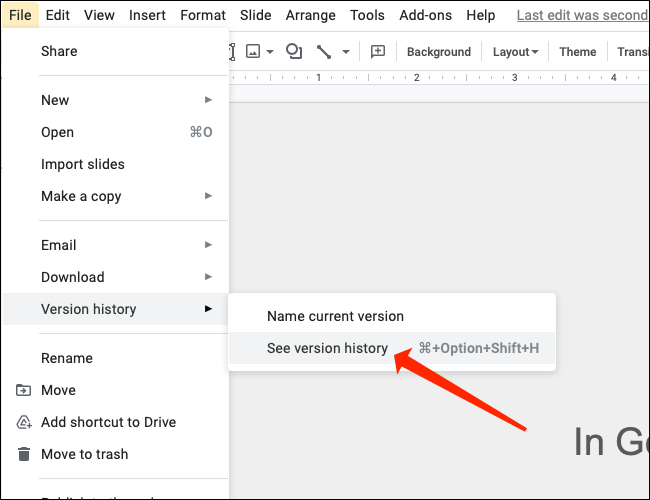 Para verificar as versões antigas de sua apresentação do Google Slides, selecione "Ver o histórico da versão".
