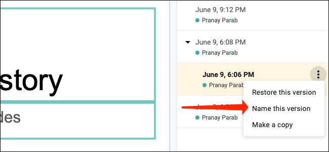 Para renomear uma versão de sua apresentação do Google Slides, clique em "Nomeie esta versão".