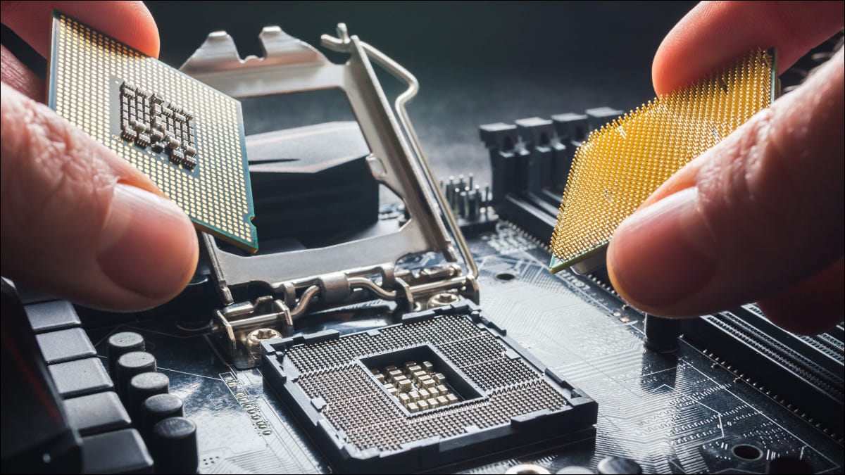 Dedos segurando processadores AMD e Intel