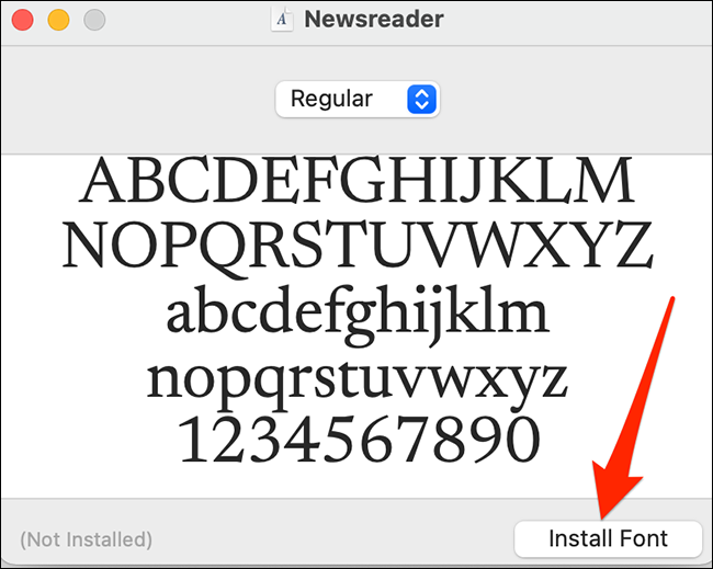 Clique em "Instalar fonte" na tela de visualização da fonte no Mac.