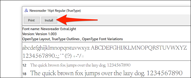 Clique em “Instalar” na tela de visualização da fonte no Windows.