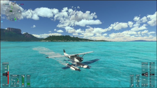 Um hidroavião pousando na água no Microsoft Flight Simulator.