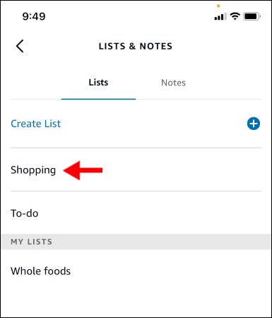 Lista e página de notas no aplicativo Alexa. 