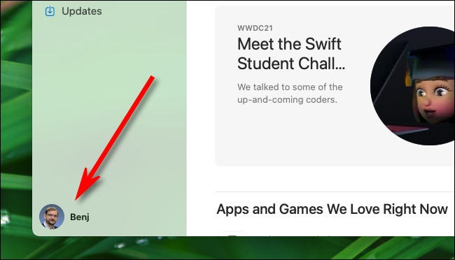 Clique em seu ID Apple no canto do aplicativo Mac App Store.