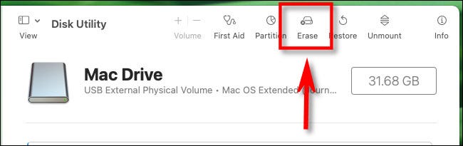 No Mac Disk Utility, clique em "Apagar" na barra de ferramentas.