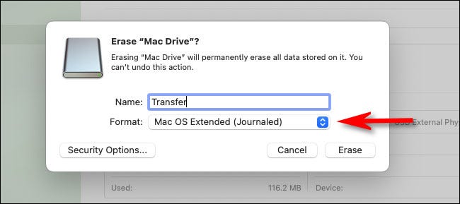 No Mac Disk Utility, clique no menu suspenso denominado “Format”.