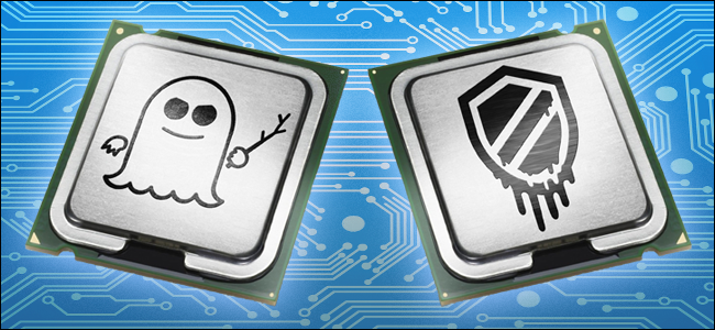 CPUs estilizadas com logotipos Spectre e Meltdown.