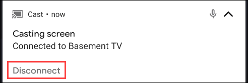 Toque no botão "Desconectar" da aba de notificações do seu dispositivo Android para interromper o compartilhamento de tela