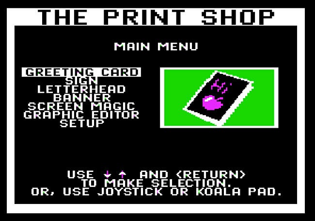 O menu principal da loja de impressão do Apple II.