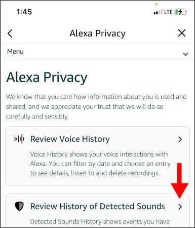 Página de privacidade do Alexa no aplicativo Alexa.