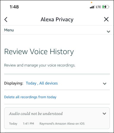 reveja a seção de histórico de voz no aplicativo Alexa.