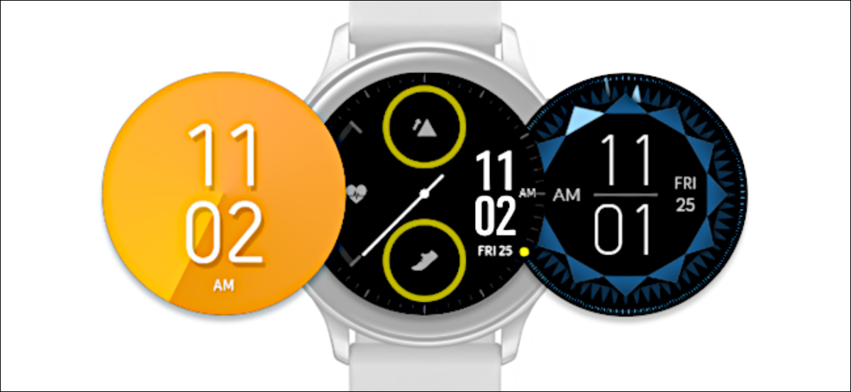 Vários mostradores de relógio ao lado de um Samsung Galaxy Watch