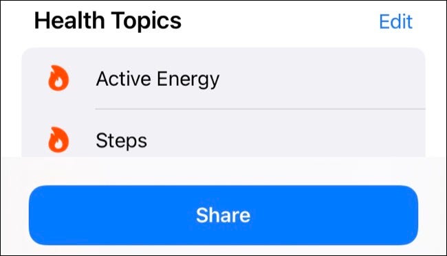 Toque no botão Compartilhar para compartilhar seus dados de saúde