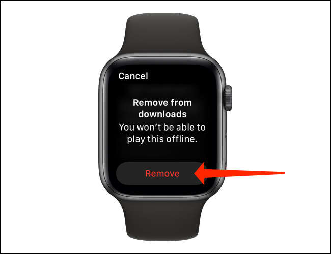 Selecione a música ou podcast que deseja excluir e toque em "Remover" na página Downloads do aplicativo Apple Watch do Spotify.