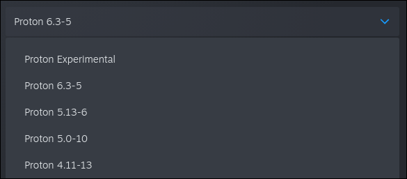 Menu suspenso mostrando várias versões disponíveis do Proton no Steam