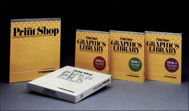 A linha de produtos da gráfica em 1986.