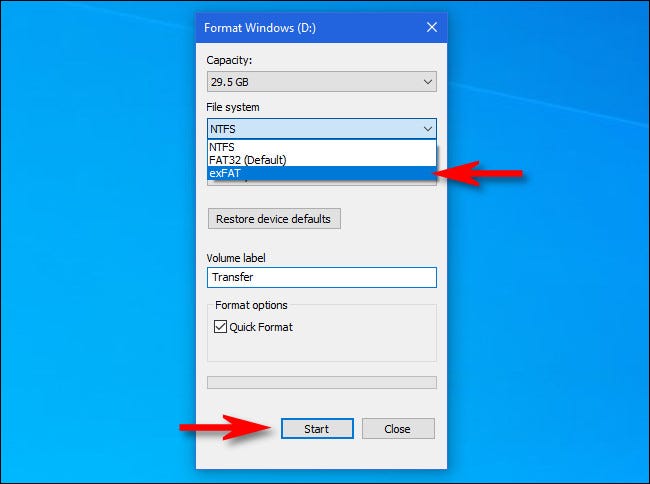 Na janela Formato do Windows 10, selecione "exFAT" na lista do sistema de arquivos e clique em "Iniciar".