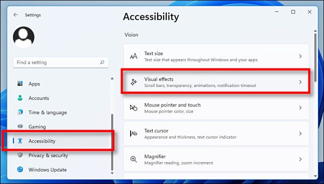 Em Configurações, clique em "Acessibilidade" e depois em "Efeitos Visuais".