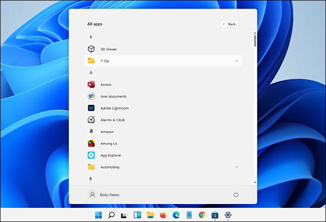 A lista "Todos os aplicativos" do Windows 11.