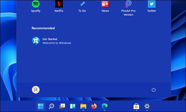 Um menu iniciar do Windows 11 sem arquivos abertos recentemente em "Recomendado".