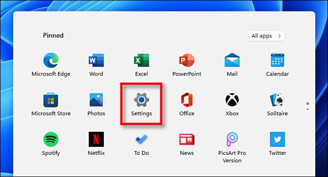 No menu Iniciar do Windows 11, clique em "Configurações".
