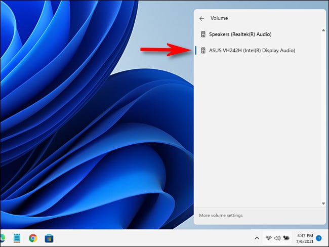 O Windows 11 gerencia a lista de dispositivos de áudio no menu Configuração rápida.