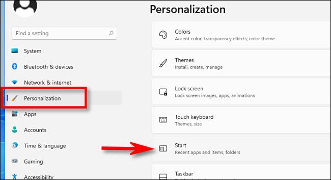 Nas configurações do Windows 11, clique em "Personalização" e depois em "Iniciar".