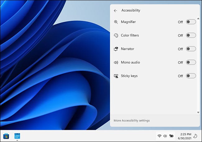 Opções de acessibilidade no menu Configurações rápidas do Windows 11.
