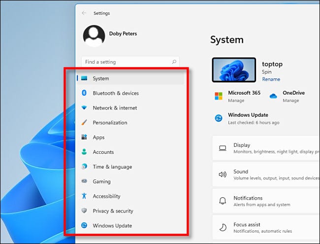 A barra lateral nas configurações do Windows 11.