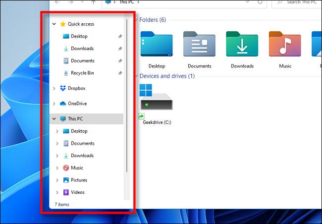 A barra lateral do Windows 11 Preview File Explorer