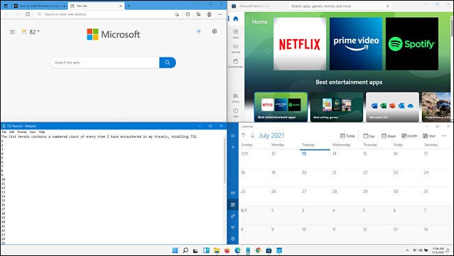 A grade de quatro layouts do Windows 11 Snap