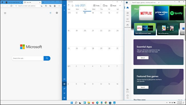 Os terços verticais iguais do layout do Windows 11 Snap