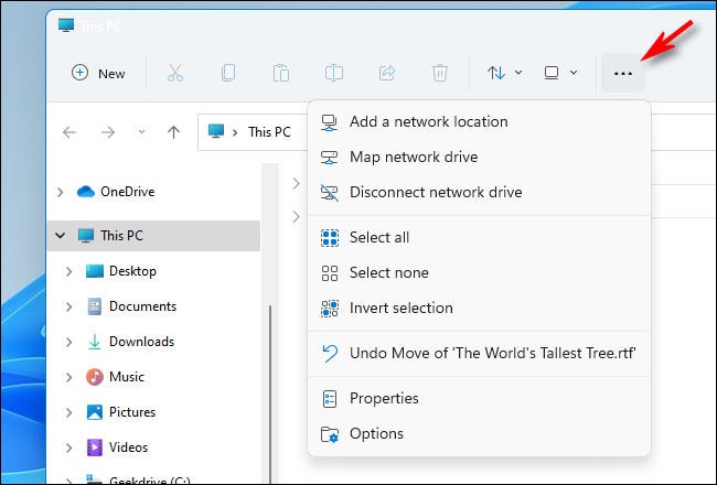 O menu de reticências do Windows 11 Preview no File Explorer