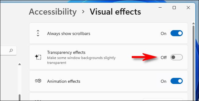 Nas configurações do Windows 11, mude "Efeitos de transparência" para "Desligado".