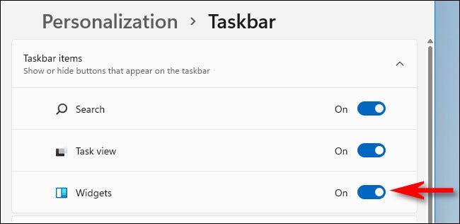 Você pode desligar ou ligar o botão da barra de tarefas Widgets do Windows 11 em Configurações> Personalização> Barra de tarefas.