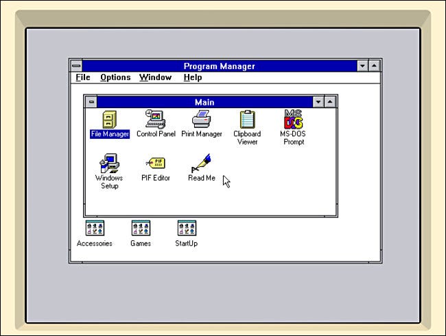 A área de trabalho do Windows 3.1 no iDOS 2 no iPad.