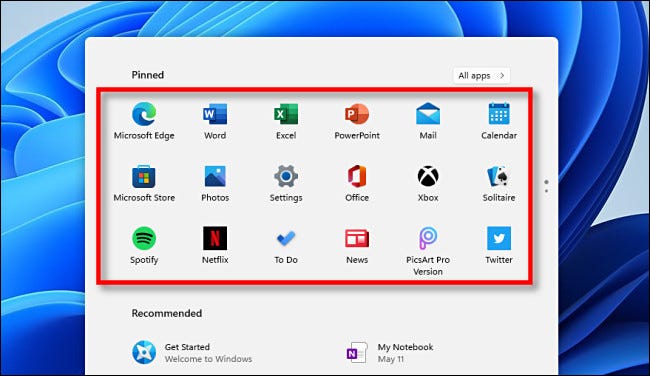 Aplicativos fixados no menu Iniciar do Windows 11.