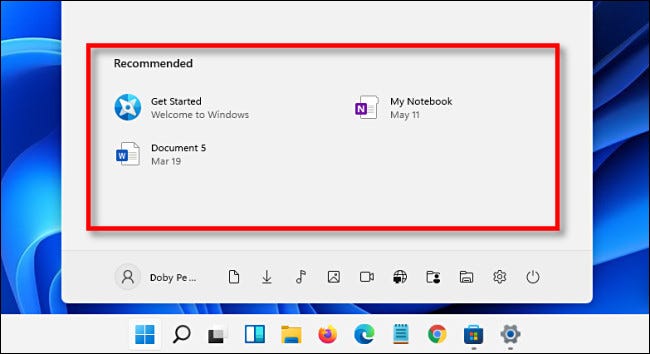 A seção "Recomendado" do menu Iniciar do Windows 11.