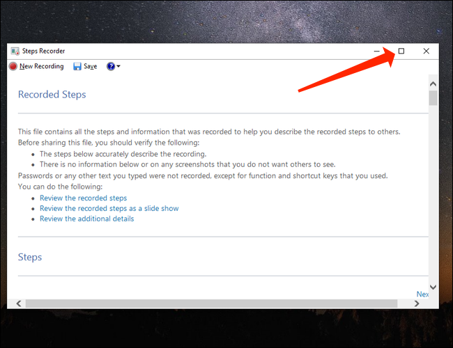 Maximize a janela do gravador de etapas no Windows 10.
