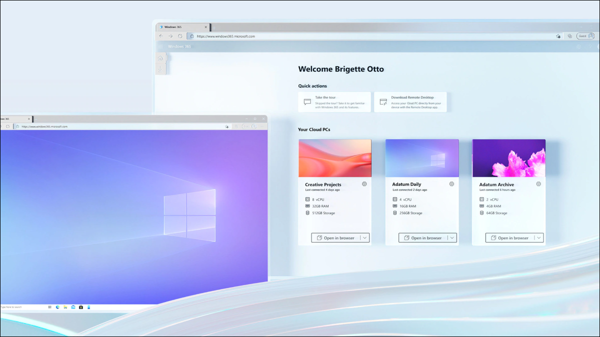 Uma área de trabalho do Windows 365 mostrada no Microsoft Edge.
