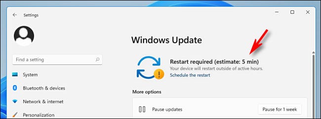 Um exemplo da estimativa de tempo do Windows Update nas Configurações do Windows.