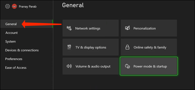 Nas configurações do Xbox Series X | S, navegue até a guia "Geral" no painel esquerdo.