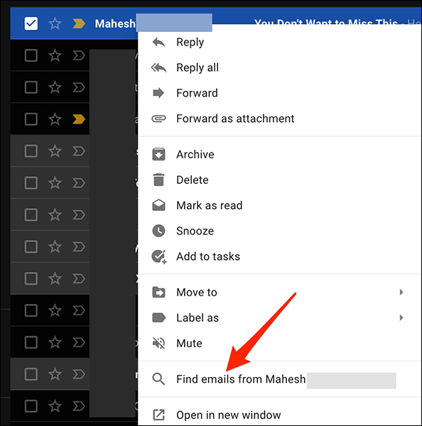 Clique com o botão direito em um e-mail no Gmail e selecione “Encontrar e-mails de”.