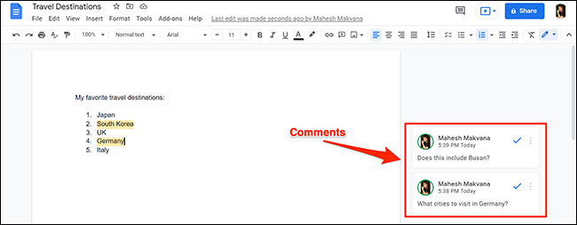 Um documento do Google Docs com comentários.