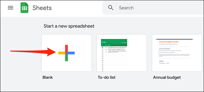 Clique em "Em branco" no Planilhas Google para fazer uma nova planilha.